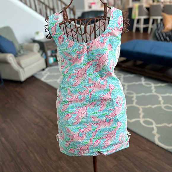 Lilly Pulitzer Pink & Turquoise Lace Up Dress with Lobster Print Women’s Size 4 - Picture 6 of 12